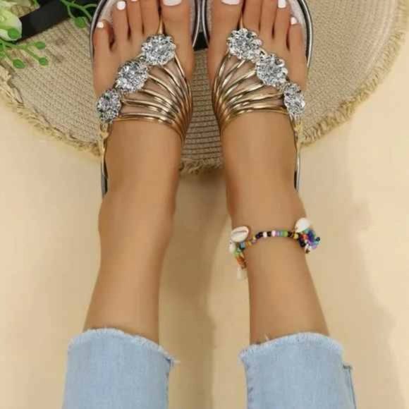 Women Gold Rhinestone Sandals - Picture 2 of 5